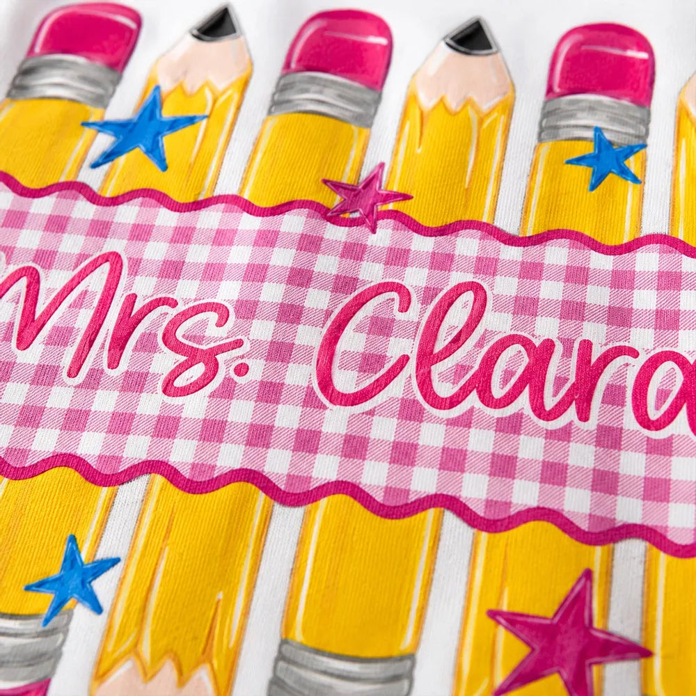 Pencil Gingham Stripes Teacher Custom Name - Personalized Shirt - Back To School Gift for Teachers