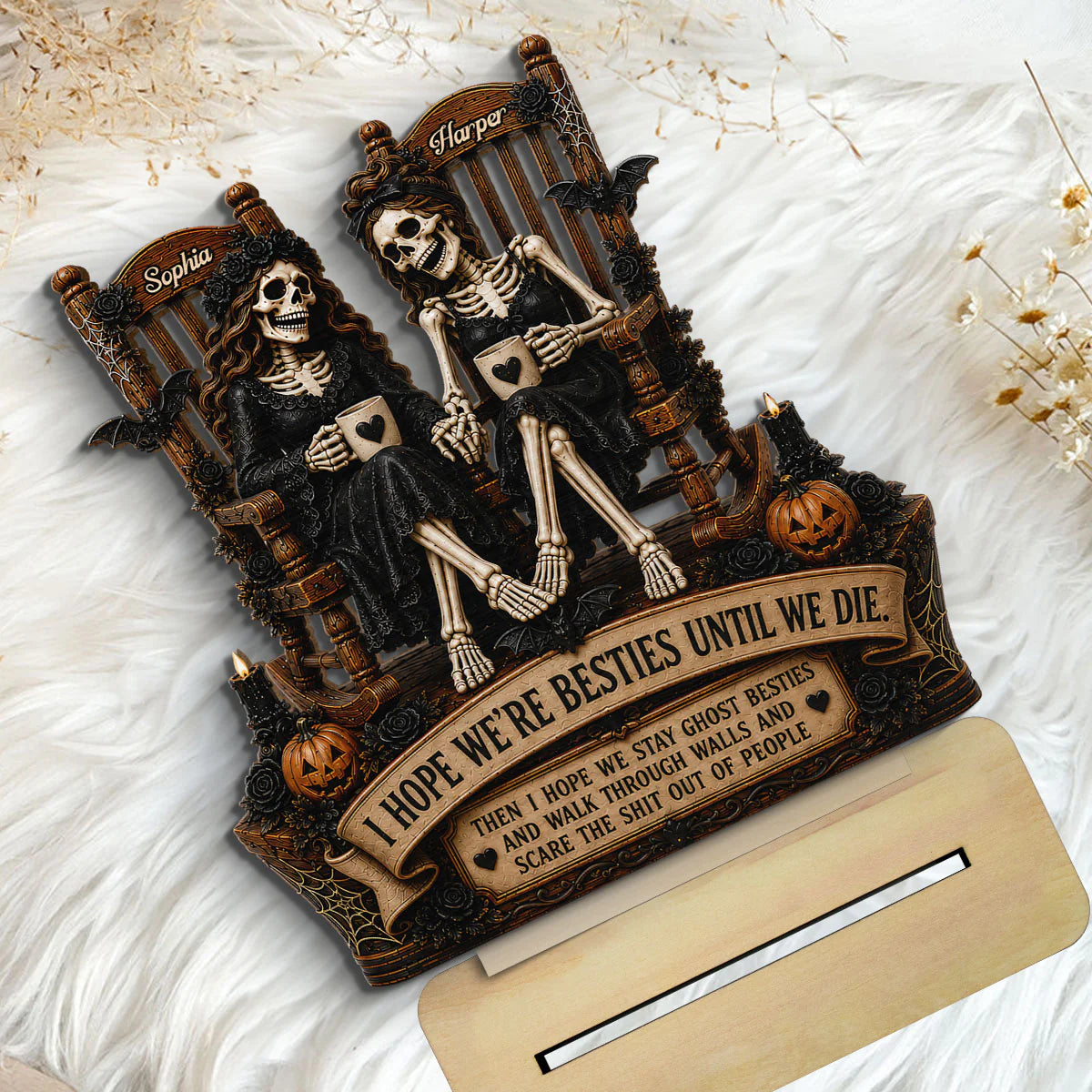 Skeleton Besties Until We Die 2D Flat - Personalized 2-Layered Wooden Plaque - Funny Work Bestie Gift, Halloween Keepsake For Best Friends