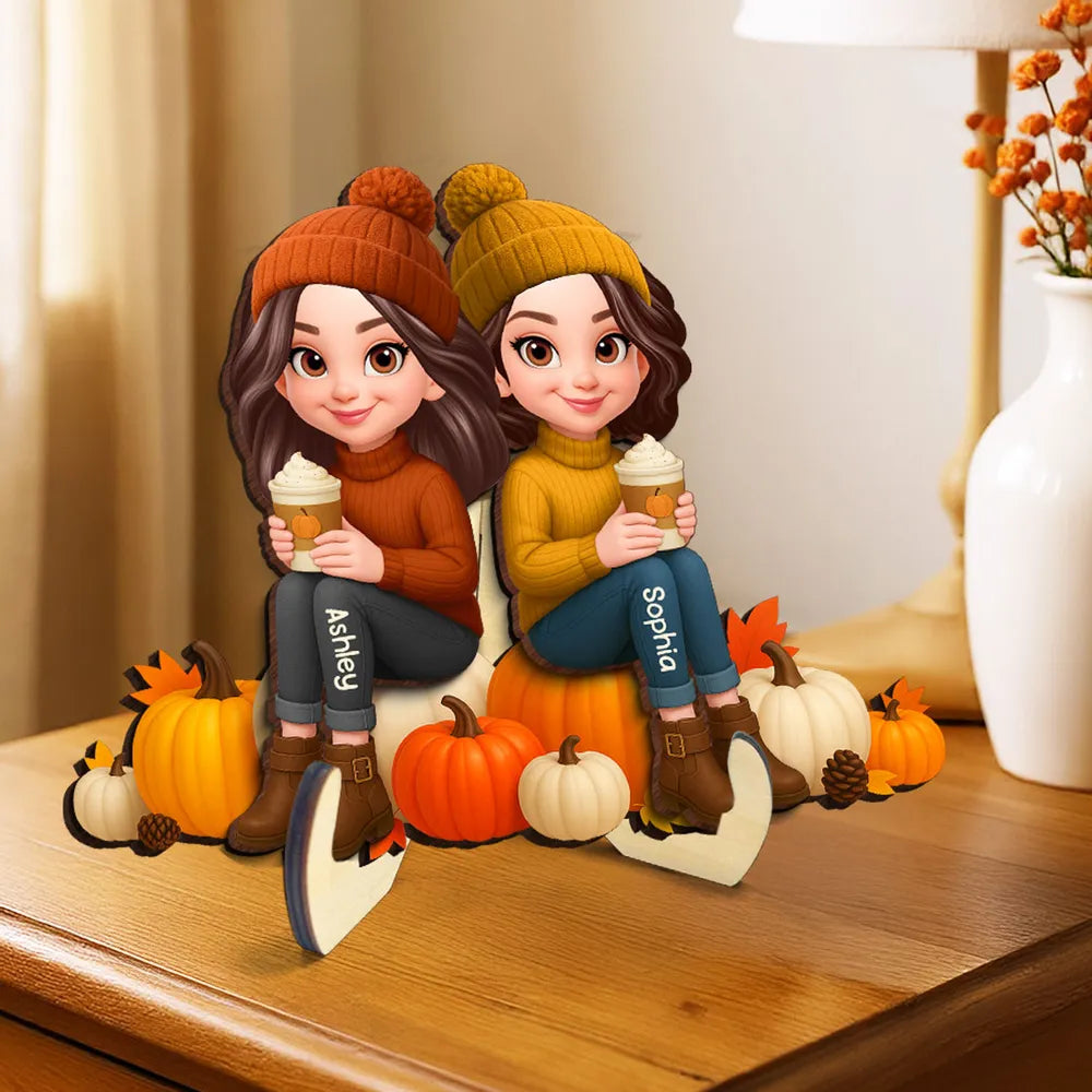 Fall Season Besties Sister Sitting On Pumpkins 3D Effect - Personalized 2-Layered Wooden Plaque
