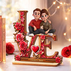 Couple Heart Rose Love - Personalized 2-Layered Wooden Plaque - Heartfelt Valentine's Day Gift for Her, for Him