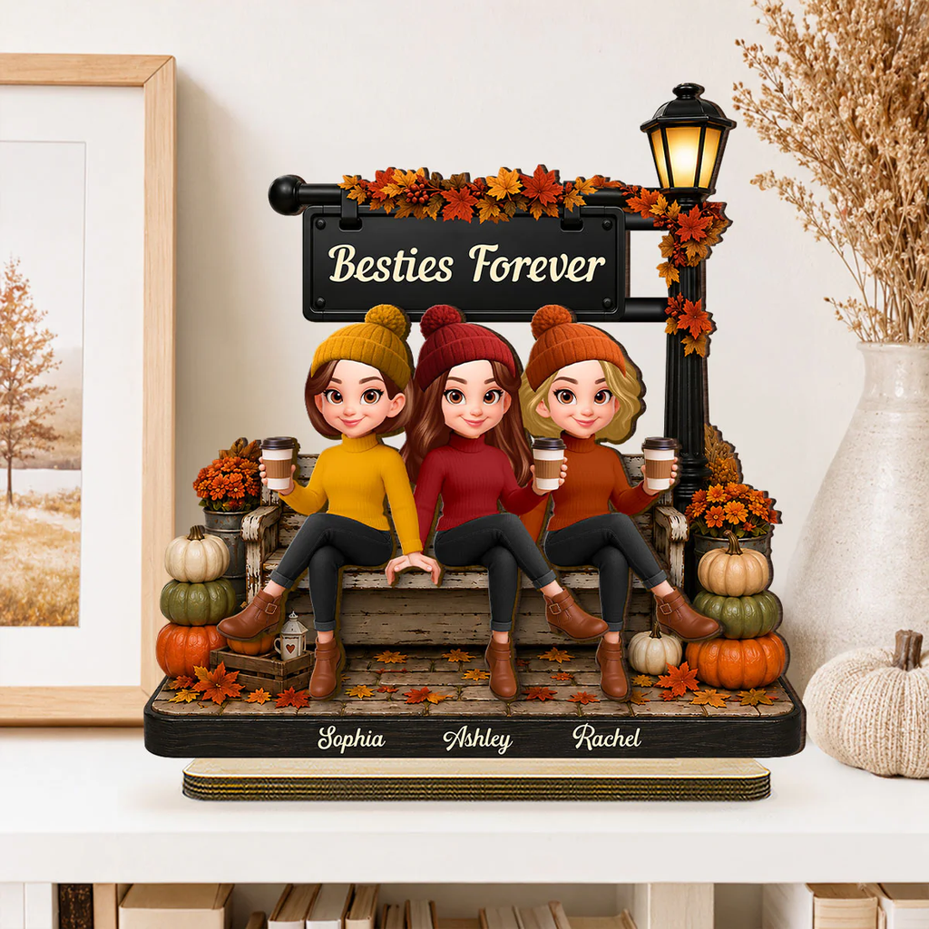 Fall Season Lamp Post Besties Forever - Personalized 2-Layered Wooden Plaque - Fall Gift For Besties