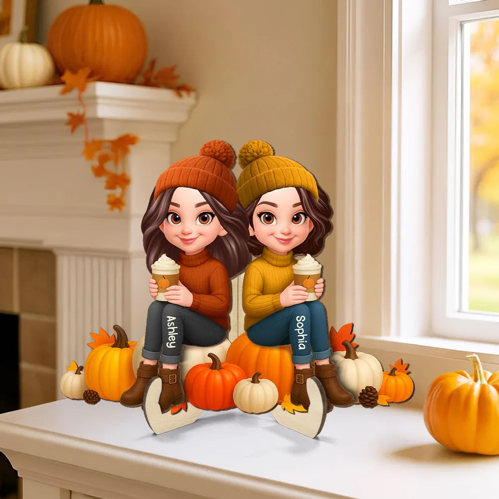 Fall Season Besties Sister Sitting On Pumpkins 3D Effect - Personalized 2-Layered Wooden Plaque