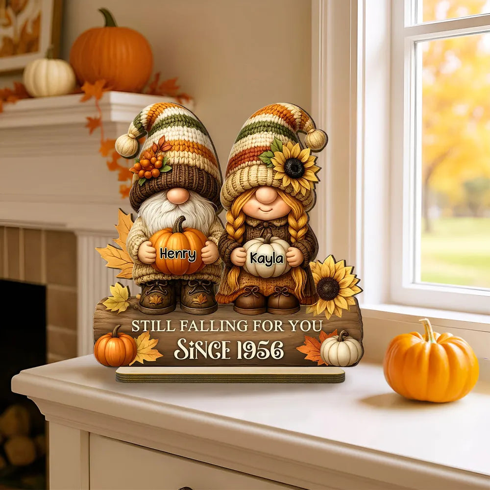 Gnome Couple Growing Old Together Personalized Standing Wooden Plaque, Fall Decor for Couple
