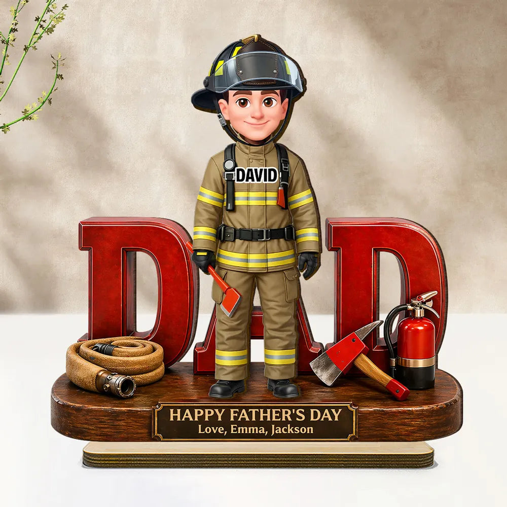 Proud American Firefighter Dad - Personalized 2-Layered Wooden Plaque - Father's Day Gift For Dad