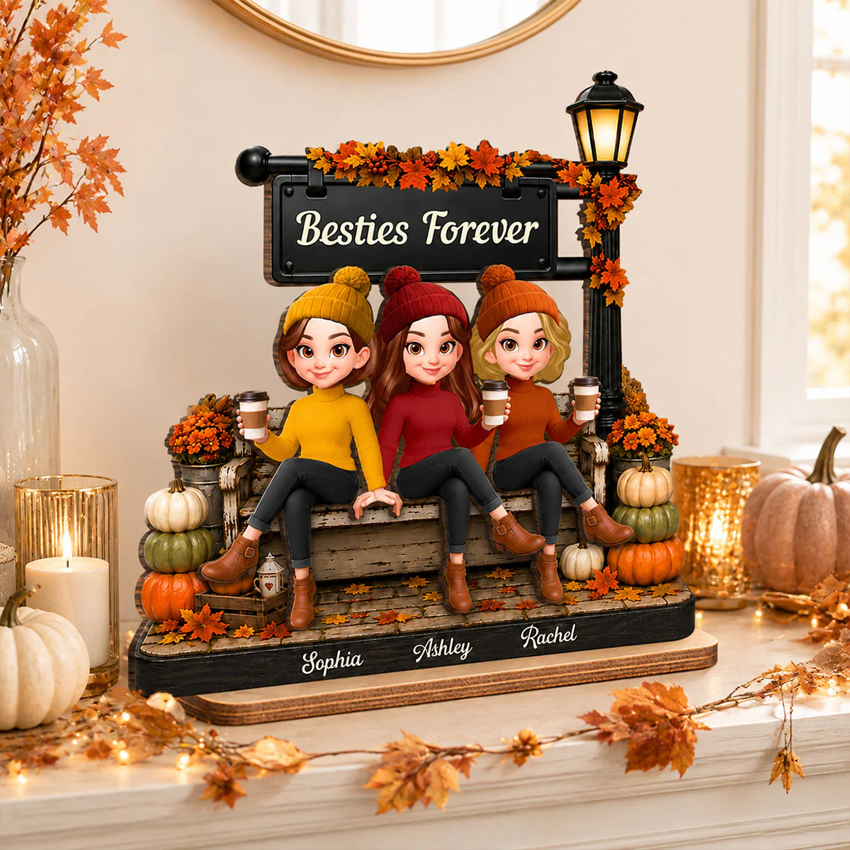 Fall Season Lamp Post Besties Forever - Personalized 2-Layered Wooden Plaque - Fall Gift For Besties