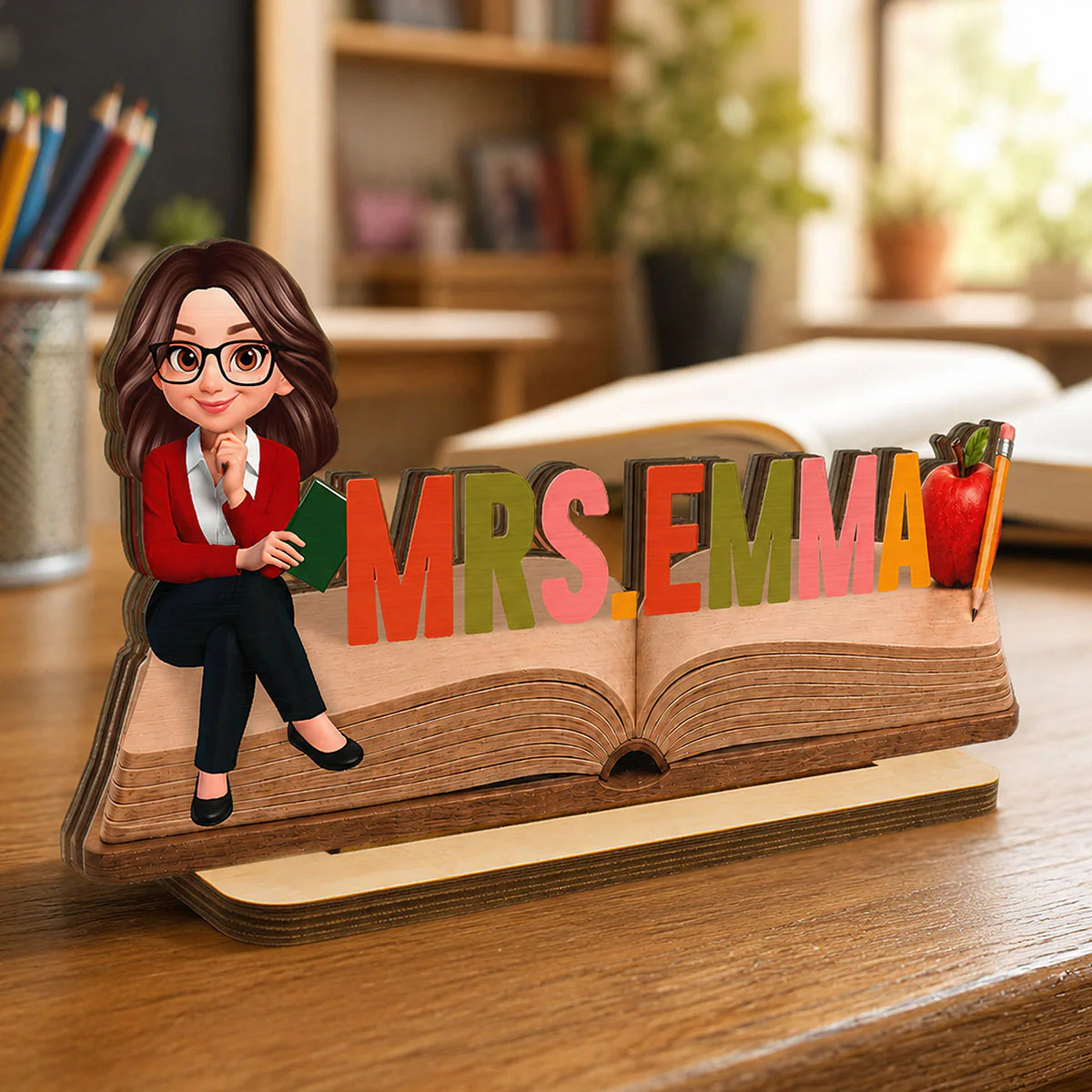 Open Book Teacher Name Sign - Personalized Wooden Plaque - Back To School Gift
