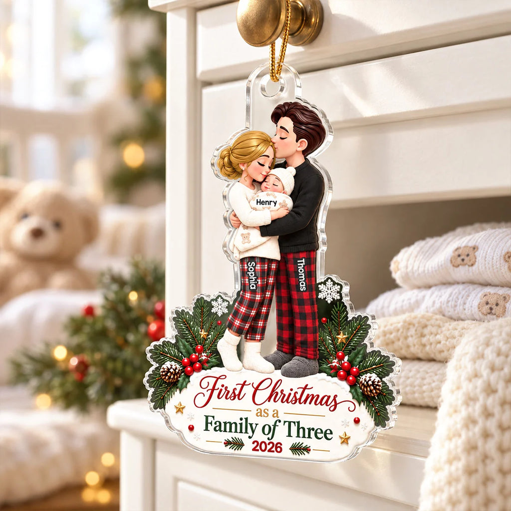 Our First Christmas As Family Of Three 2D Flat Printed - Personalized Acrylic Ornament - Christmas Tree Keepsake For New Parents