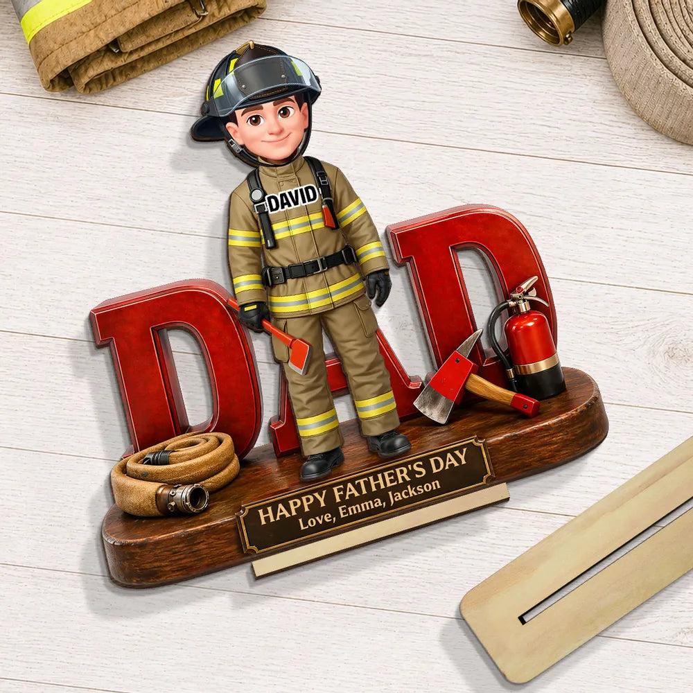 Proud American Firefighter Dad - Personalized 2-Layered Wooden Plaque - Father's Day Gift For Dad