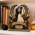 Till Death Do Us Part Skeleton Couple Heart Bone 2D Flat - Personalized 2-Layered Wooden Plaque - Halloween Decor For Couple