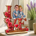 Couple Heart Rose Love - Personalized 2-Layered Wooden Plaque - Heartfelt Valentine's Day Gift for Her, for Him