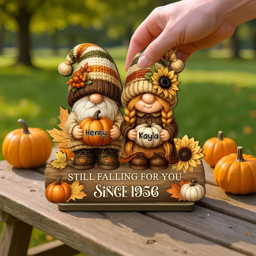 Gnome Couple Growing Old Together Personalized Standing Wooden Plaque, Fall Decor for Couple