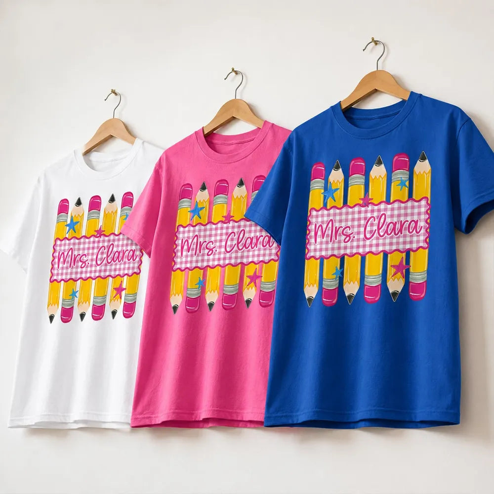 Pencil Gingham Stripes Teacher Custom Name - Personalized Shirt - Back To School Gift for Teachers