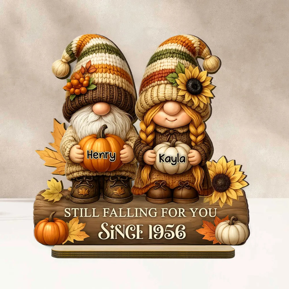 Gnome Couple Growing Old Together Personalized Standing Wooden Plaque, Fall Decor for Couple