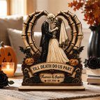 Till Death Do Us Part Skeleton Couple Heart Bone 2D Flat - Personalized 2-Layered Wooden Plaque - Halloween Decor For Couple