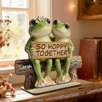 3D Effect Cottagecore Retro Aesthetic Frog Couple Hoppy Happy Together - Personalized 2-Layered Wooden Plaque - Valentine's Day, Anniversary Gift For Couple, Gift For Him, For Her