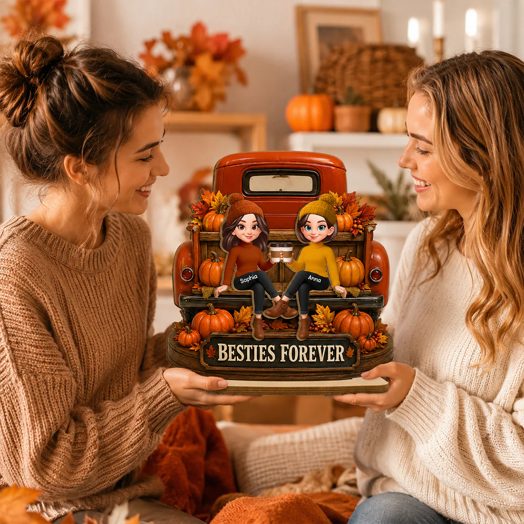 Besties Forever Fall Truck - Personalized 2-Layered Wooden Plaque - Fall Gift For Best Friends