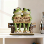 3D Effect Cottagecore Retro Aesthetic Frog Couple Hoppy Happy Together - Personalized 2-Layered Wooden Plaque - Valentine's Day, Anniversary Gift For Couple, Gift For Him, For Her