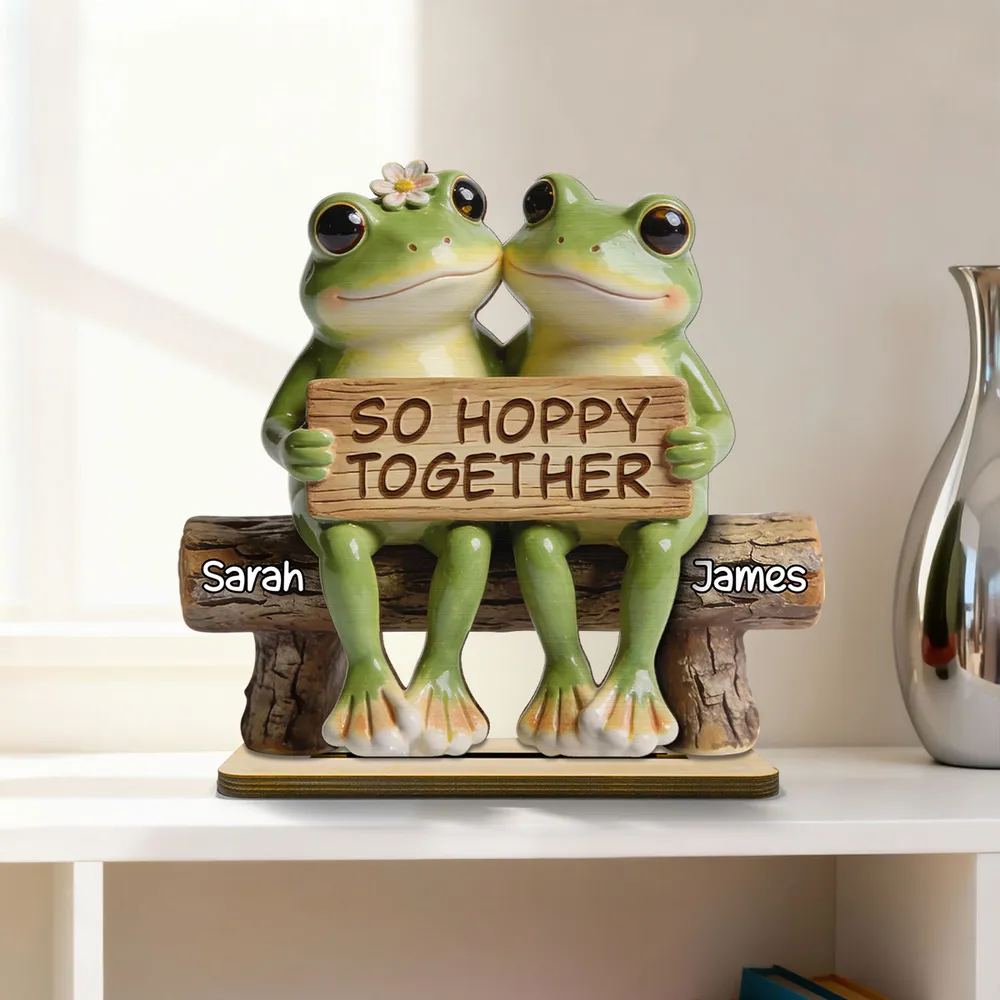 3D Effect Cottagecore Retro Aesthetic Frog Couple Hoppy Happy Together - Personalized 2-Layered Wooden Plaque - Valentine's Day, Anniversary Gift For Couple, Gift For Him, For Her