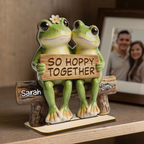 3D Effect Cottagecore Retro Aesthetic Frog Couple Hoppy Happy Together - Personalized 2-Layered Wooden Plaque - Valentine's Day, Anniversary Gift For Couple, Gift For Him, For Her