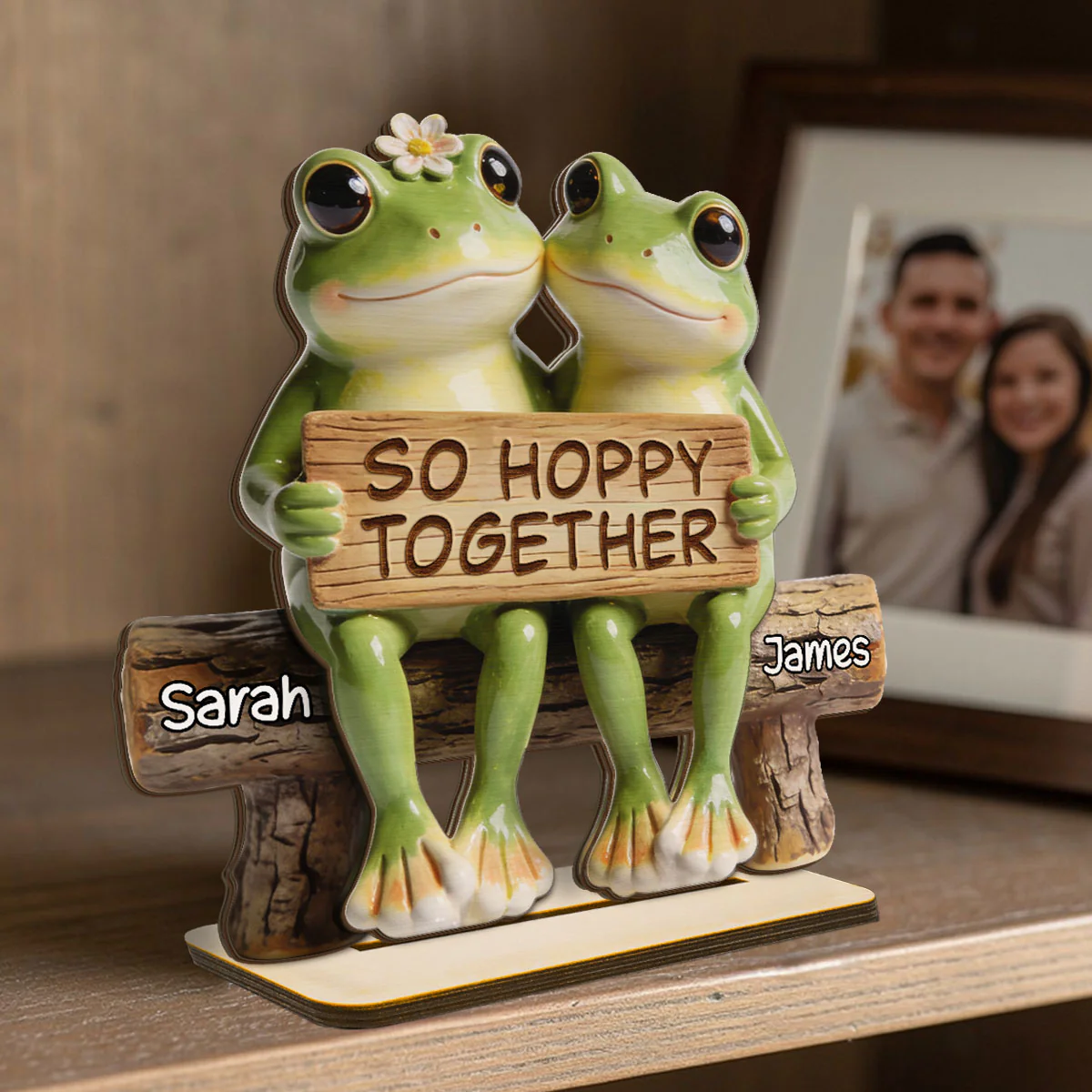 3D Effect Cottagecore Retro Aesthetic Frog Couple Hoppy Happy Together - Personalized 2-Layered Wooden Plaque - Valentine's Day, Anniversary Gift For Couple, Gift For Him, For Her