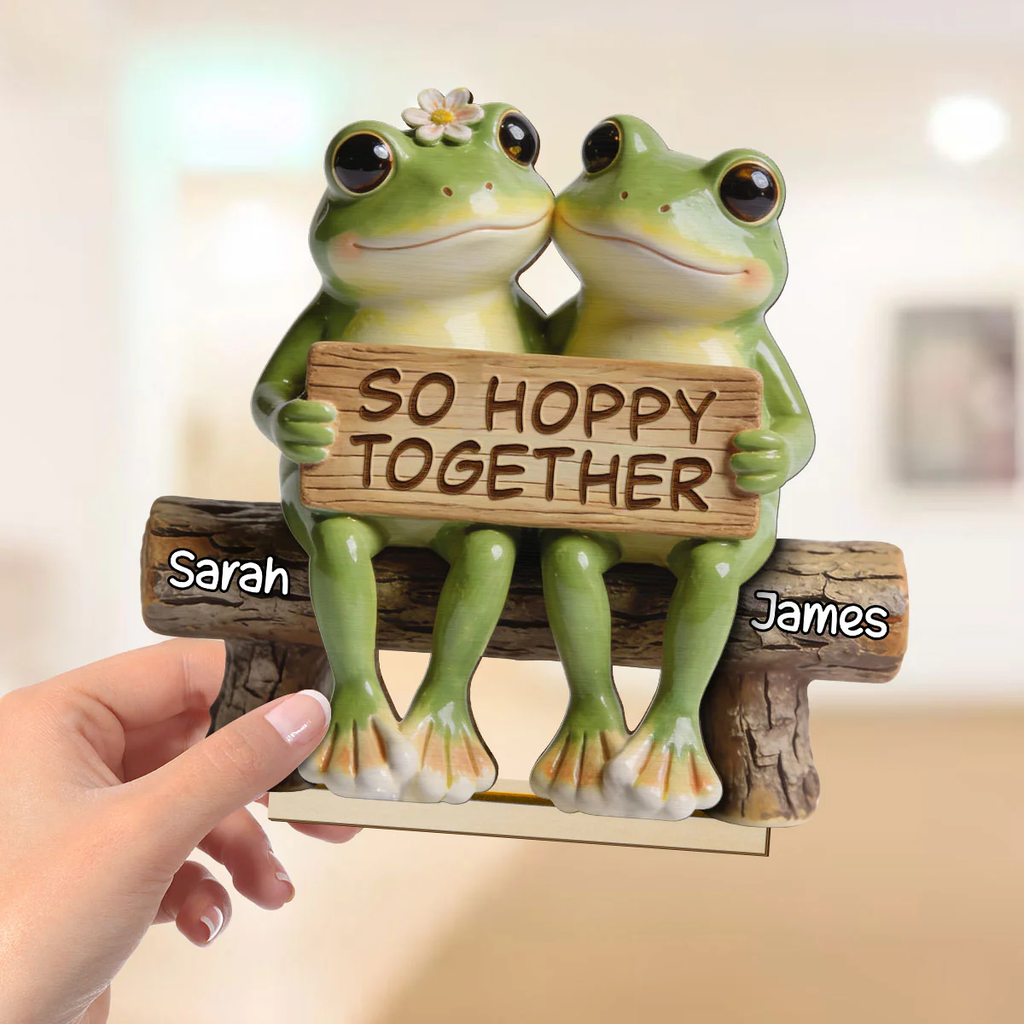 3D Effect Cottagecore Retro Aesthetic Frog Couple Hoppy Happy Together - Personalized 2-Layered Wooden Plaque - Valentine's Day, Anniversary Gift For Couple, Gift For Him, For Her