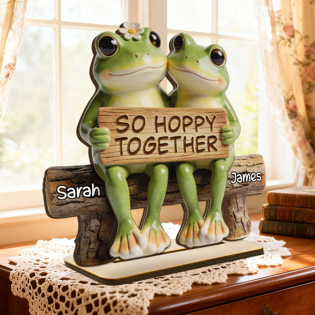 3D Effect Cottagecore Retro Aesthetic Frog Couple Hoppy Happy Together - Personalized 2-Layered Wooden Plaque - Valentine's Day, Anniversary Gift For Couple, Gift For Him, For Her