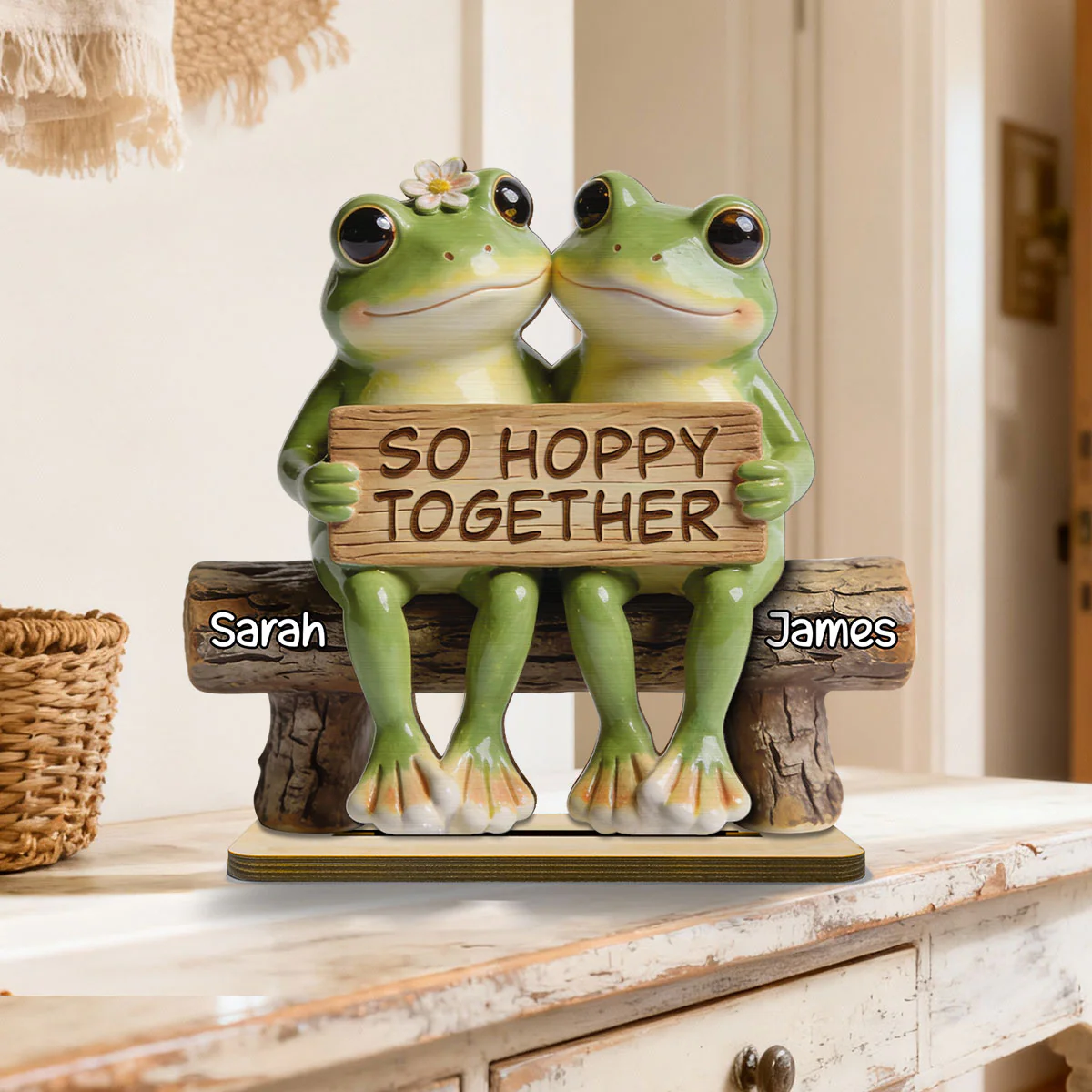 3D Effect Cottagecore Retro Aesthetic Frog Couple Hoppy Happy Together - Personalized 2-Layered Wooden Plaque - Valentine's Day, Anniversary Gift For Couple, Gift For Him, For Her