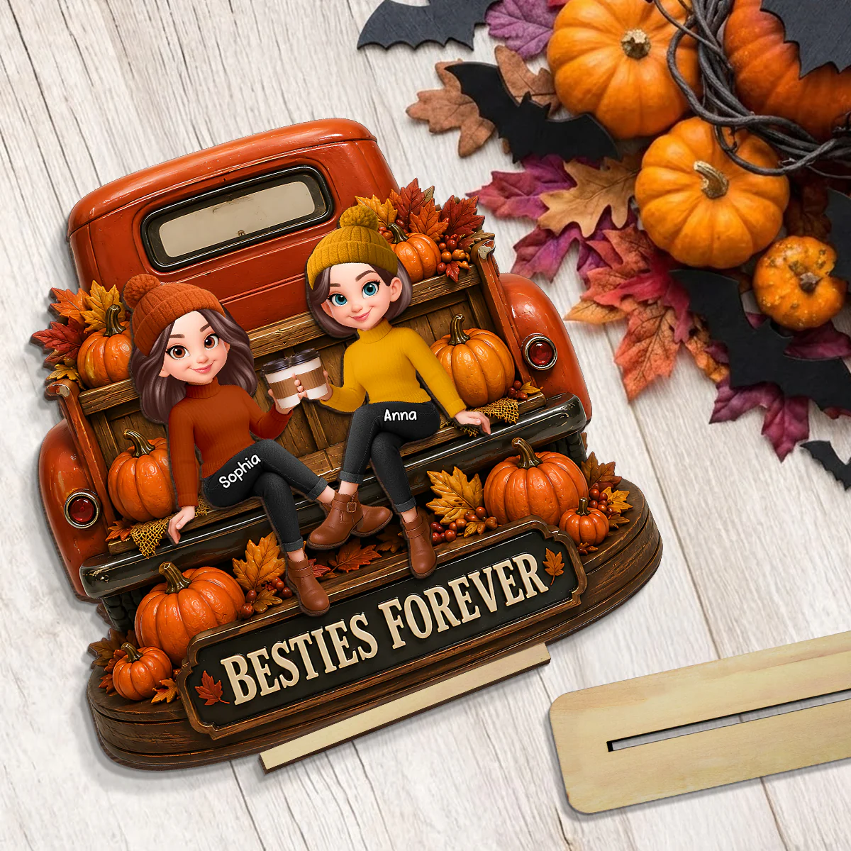 Besties Forever Fall Truck - Personalized 2-Layered Wooden Plaque - Fall Gift For Best Friends