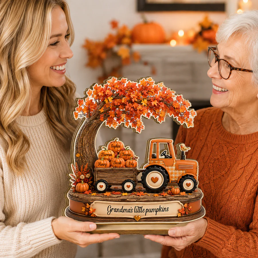 Grandma's Little Pumpkins Tracktor Autumn - Personalized 2-Layered Wooden Plaque - Fall Season Decor Gift, Gift For Grandma