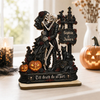 Skeleton Couple Kissing Under Sign Post 2D Flat - Personalized 2-Layered Wooden Plaque - Halloween Decor For Couple