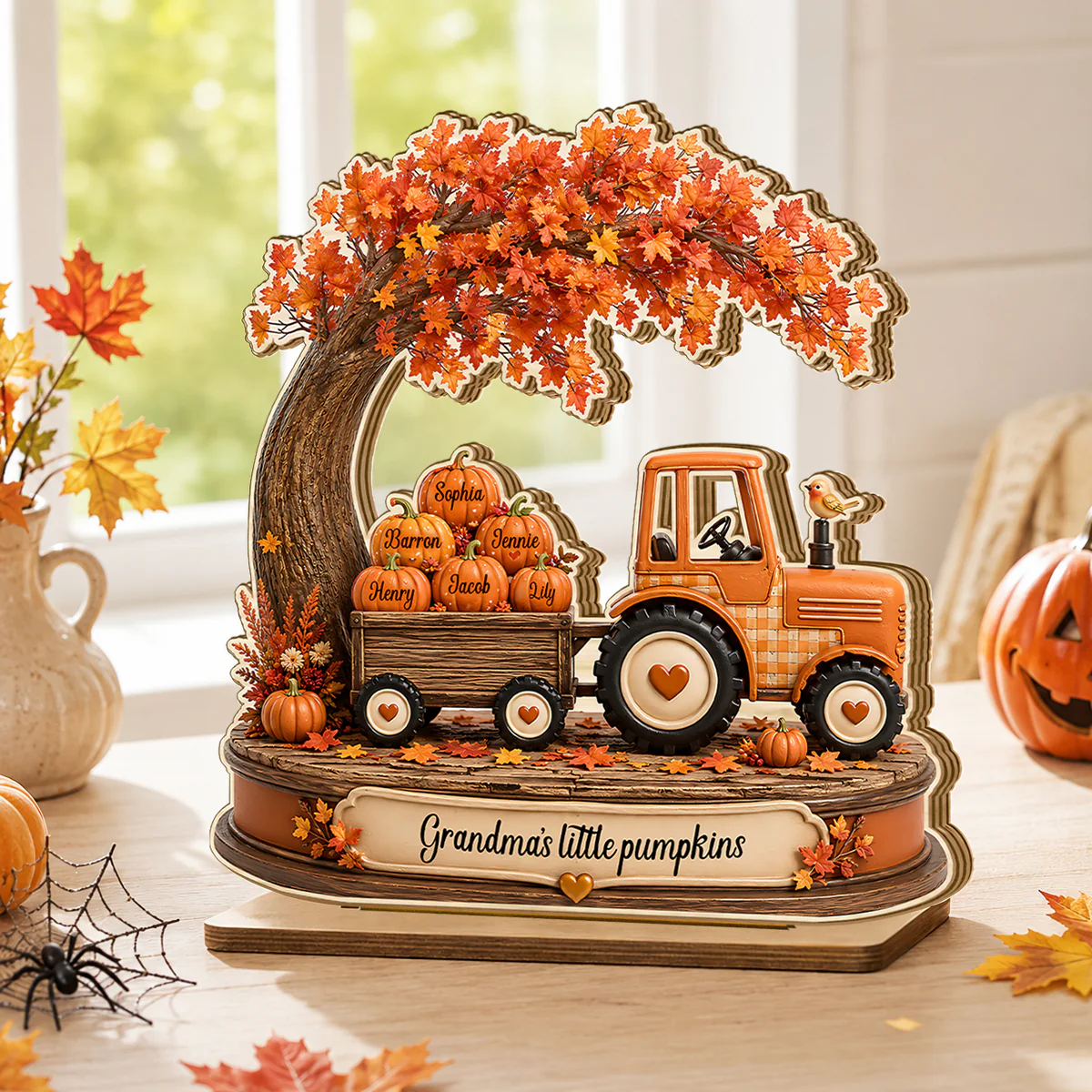 Grandma's Little Pumpkins Tracktor Autumn - Personalized 2-Layered Wooden Plaque - Fall Season Decor Gift, Gift For Grandma