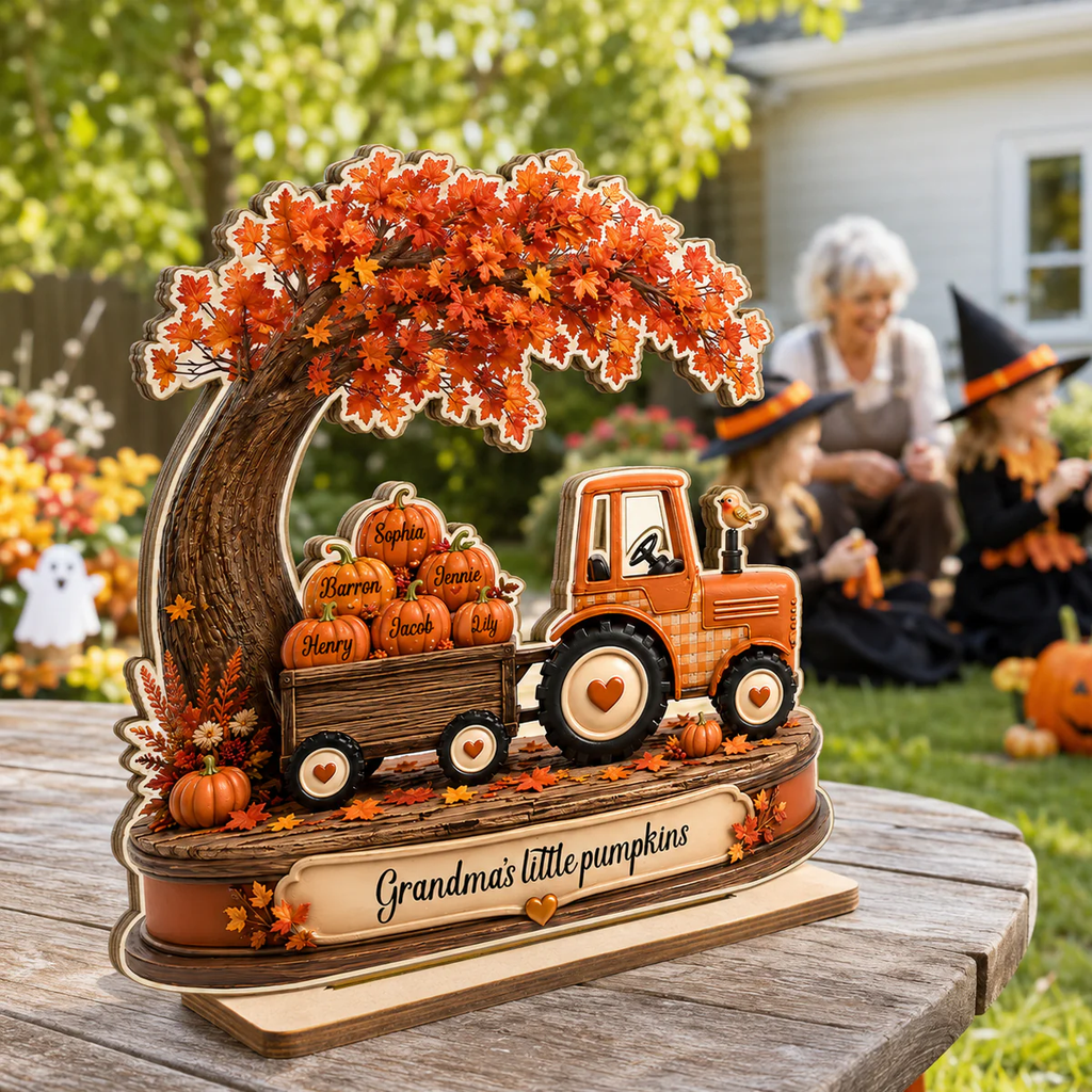 Grandma's Little Pumpkins Tracktor Autumn - Personalized 2-Layered Wooden Plaque - Fall Season Decor Gift, Gift For Grandma