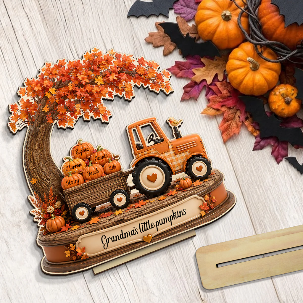 Grandma's Little Pumpkins Tracktor Autumn - Personalized 2-Layered Wooden Plaque - Fall Season Decor Gift, Gift For Grandma