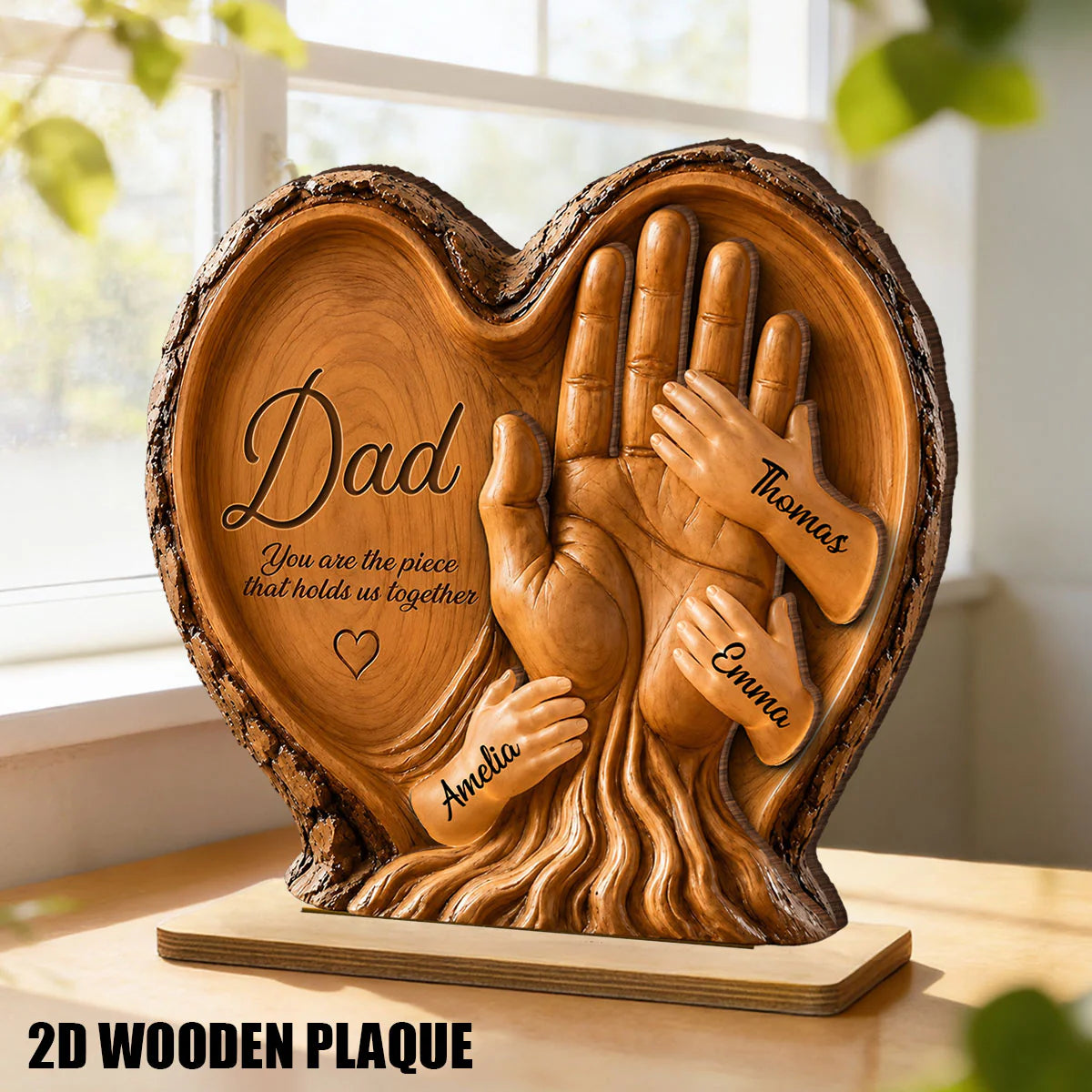 Dad Holds Kids Hands - Personalized 2-Layered Wooden Plaque - Heartfelt Gift For Dad, Husband