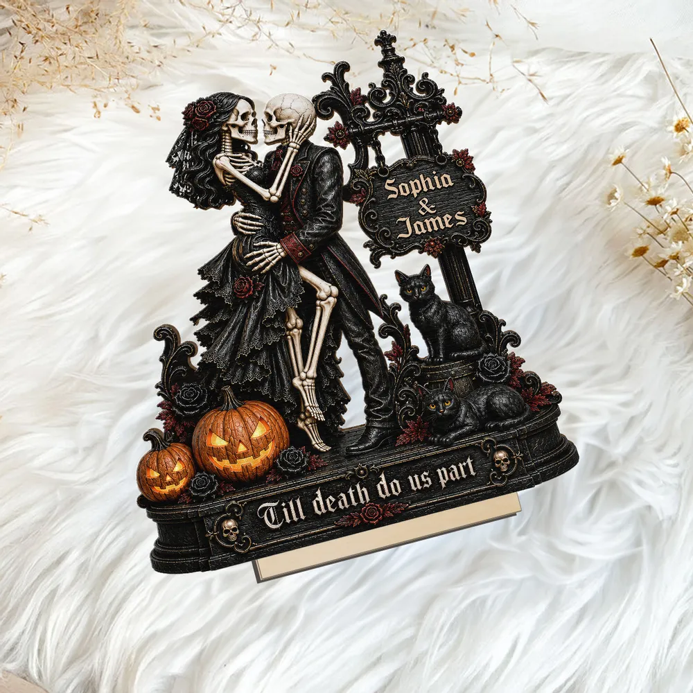 Skeleton Couple Kissing Under Sign Post 2D Flat - Personalized 2-Layered Wooden Plaque - Halloween Decor For Couple