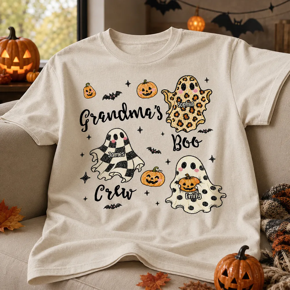 Grandma's Boo Crew Checkered Leopard Polka Dot Ghosts - Personalized Shirt - Perfect Halloween Costume for Grandma
