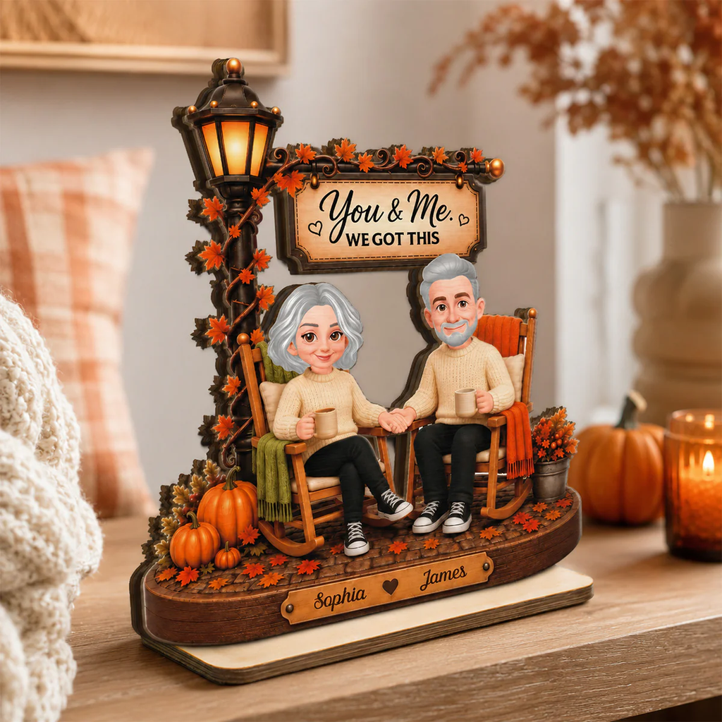 Couple Sitting Under Lamp Post 2D Flat - Personalized Wooden Plaque - Fall Season Decoration