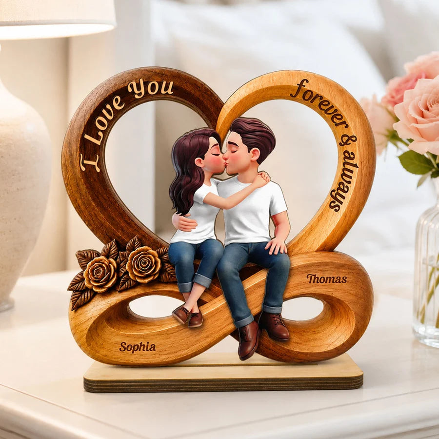 Couple Love You Forever & Always Infinity Heart - Personalized 2-Layered Wooden Plaque - Anniversary Gift For Couple, For Him, For Her