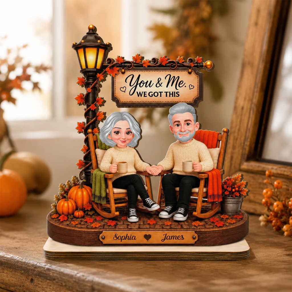 Couple Sitting Under Lamp Post 2D Flat - Personalized Wooden Plaque - Fall Season Decoration