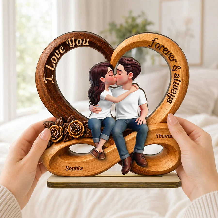 Couple Love You Forever & Always Infinity Heart - Personalized 2-Layered Wooden Plaque - Anniversary Gift For Couple, For Him, For Her