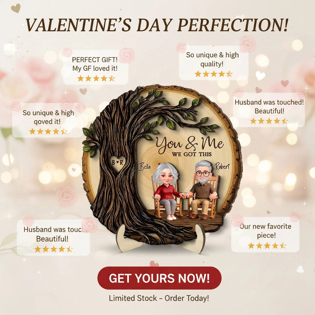 Old Couple Rocking Chair Under Heart Carved Tree - Personalized 2-Layered Wooden Plaque - Valentine's Day Gift For Couple