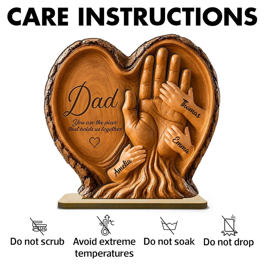 Dad Holds Kids Hands - Personalized 2-Layered Wooden Plaque - Heartfelt Gift For Dad, Husband
