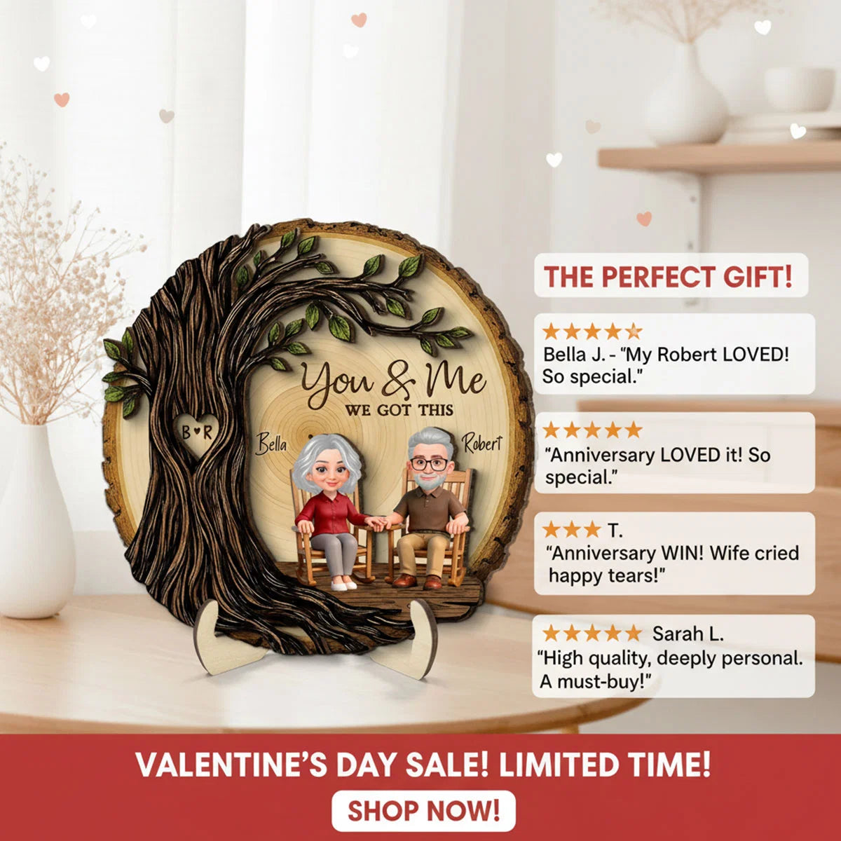 Old Couple Rocking Chair Under Heart Carved Tree - Personalized 2-Layered Wooden Plaque - Valentine's Day Gift For Couple