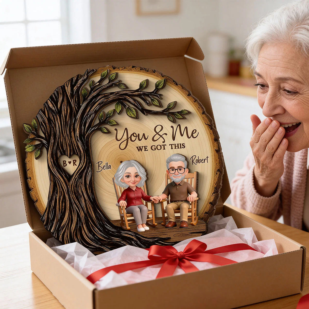 Old Couple Rocking Chair Under Heart Carved Tree - Personalized 2-Layered Wooden Plaque - Valentine's Day Gift For Couple