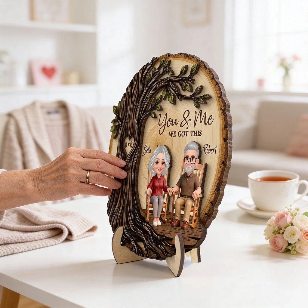 Old Couple Rocking Chair Under Heart Carved Tree - Personalized 2-Layered Wooden Plaque - Valentine's Day Gift For Couple