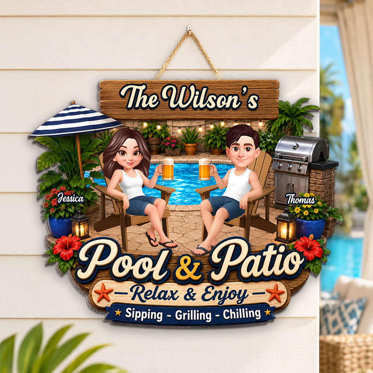 Welcome To Our Pool & Patio - Personalized Wood Sign - Gift For Couple, Summer Patio Pool Decoration