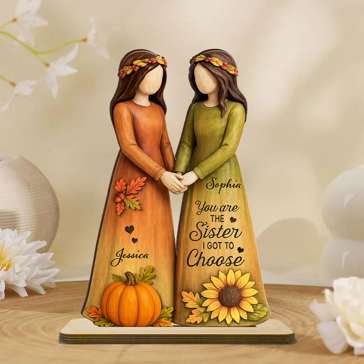 Fall Season Besties Sisters 3D Effect Personalized Standing Wooden Plaque, Gift Friendship Gift for Besties