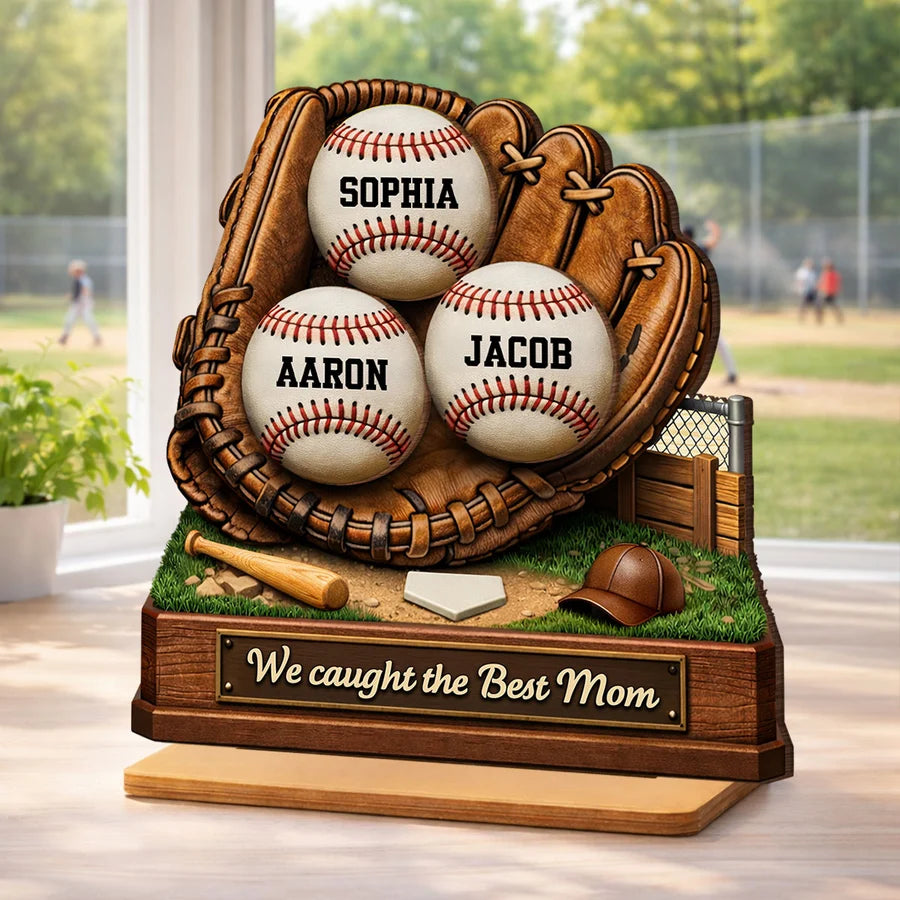 We Caught the Best Mom Baseball - Personalized 2-Layered Wooden Plaque - Sentimental Gift for Mom