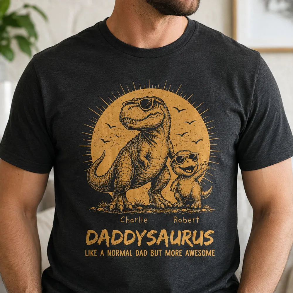 Retro Yellow Vintage Daddysaurus - Personalized Shirt - Funny Father's Day Gift For Dad, Husband