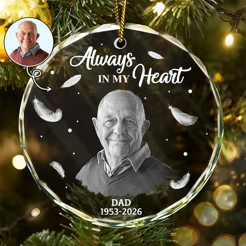 Custom Photo Memorial Always In Our Heart - Personalized Glass Ornament